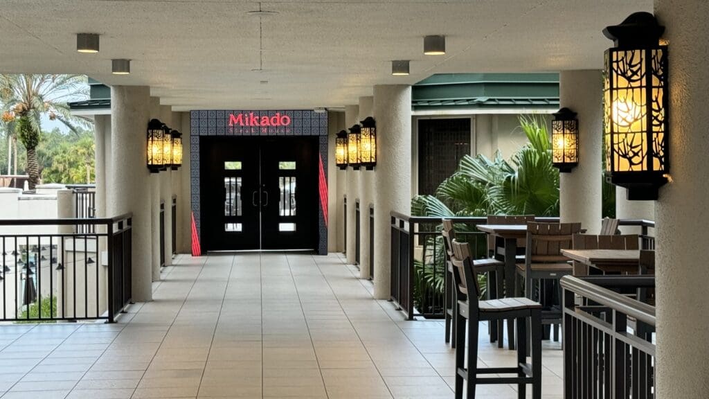 a building with tables and chairs