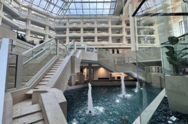 a water fountain inside a building