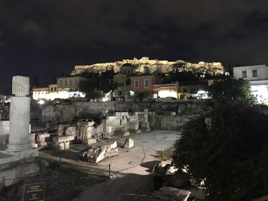 a stone ruins at night