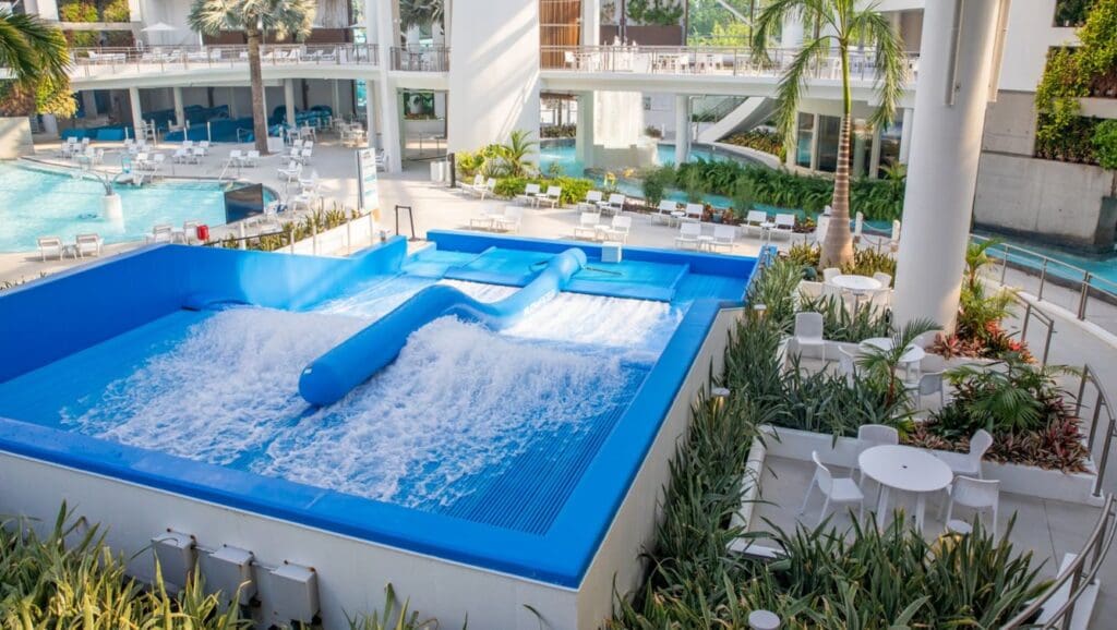 a water slide in a pool