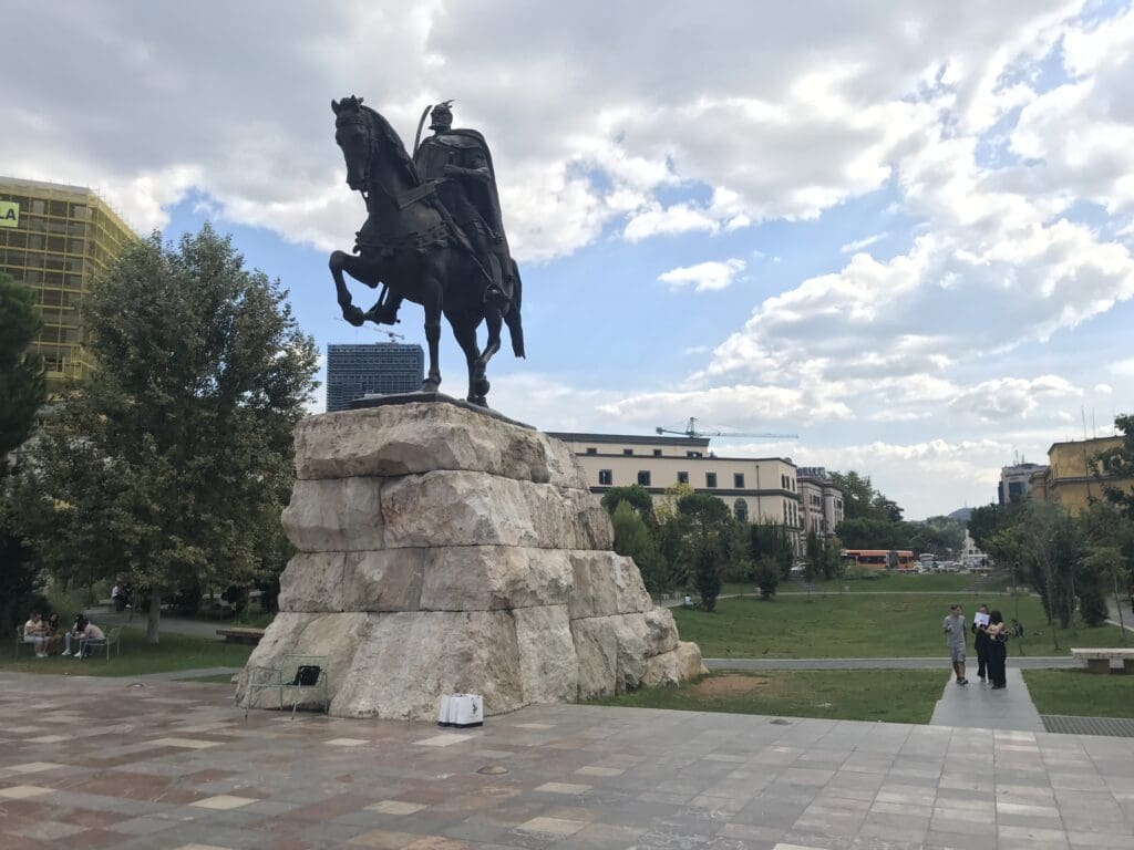 a statue of a Skanderberg on a horse in Tirana, Albania