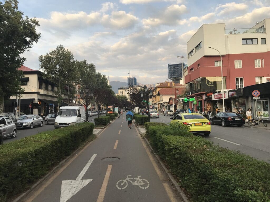 a person walking on a road with a bicycle painted on it