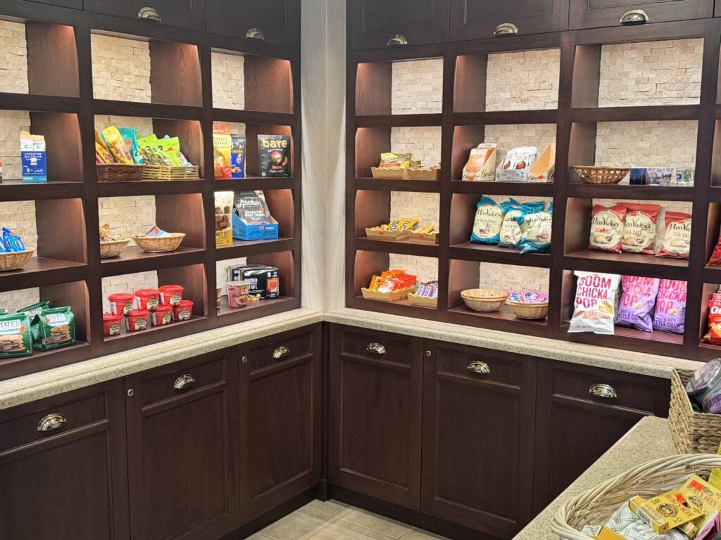 a shelves with food and snacks