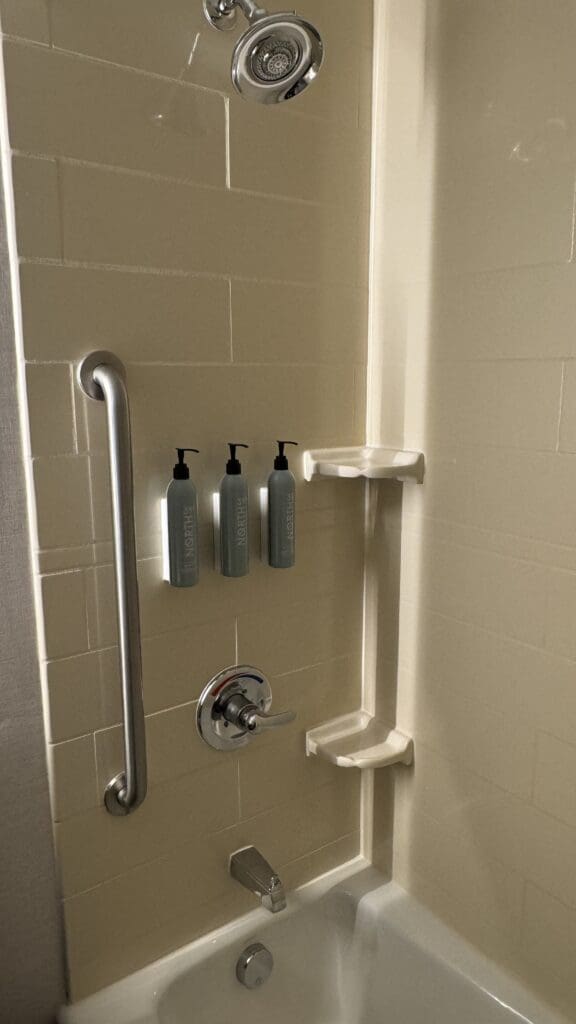 a shower with soap dispensers and a handle