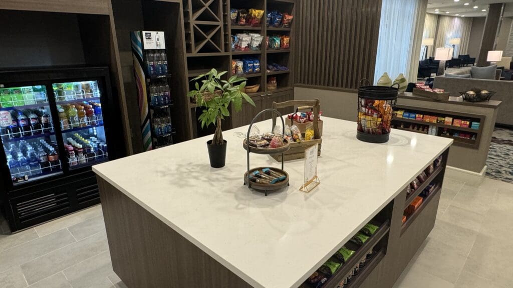 a counter with a variety of snacks on it