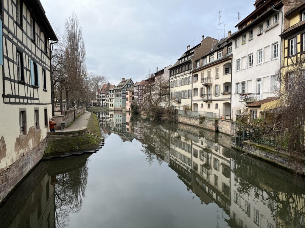 a river with buildings and trees
