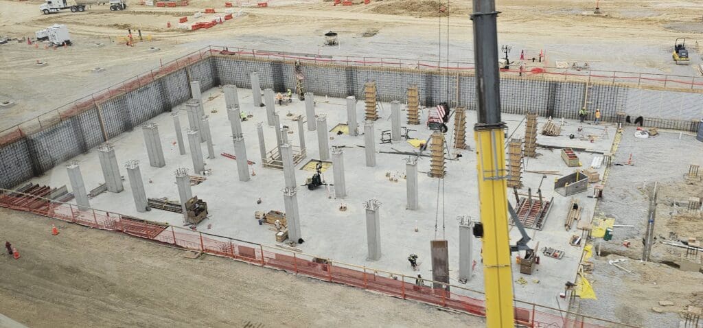 a construction site with several pillars