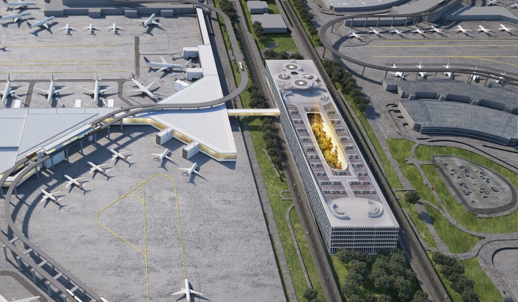 aerial view of an airport with many airplanes