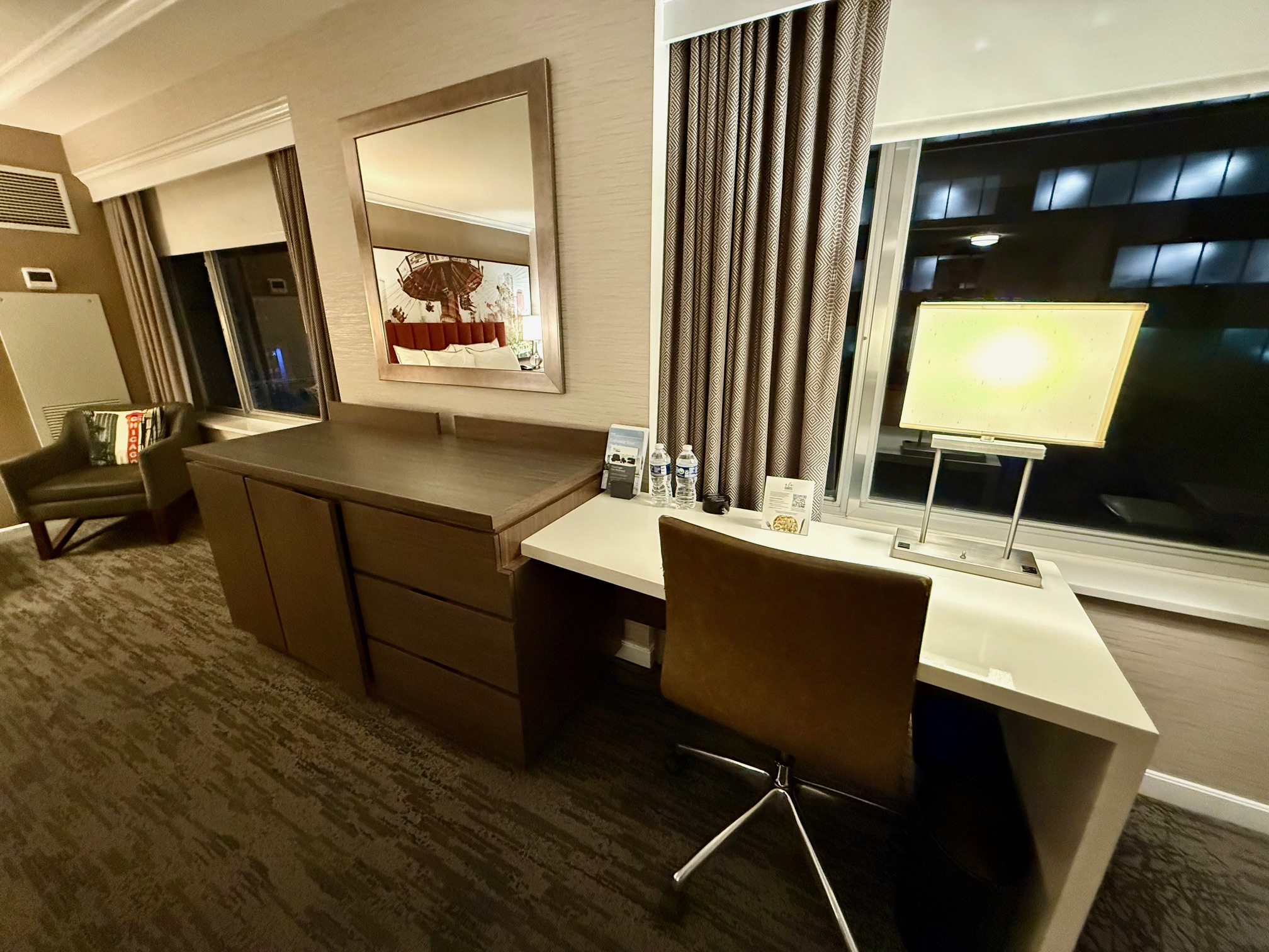 a desk and chair in a room