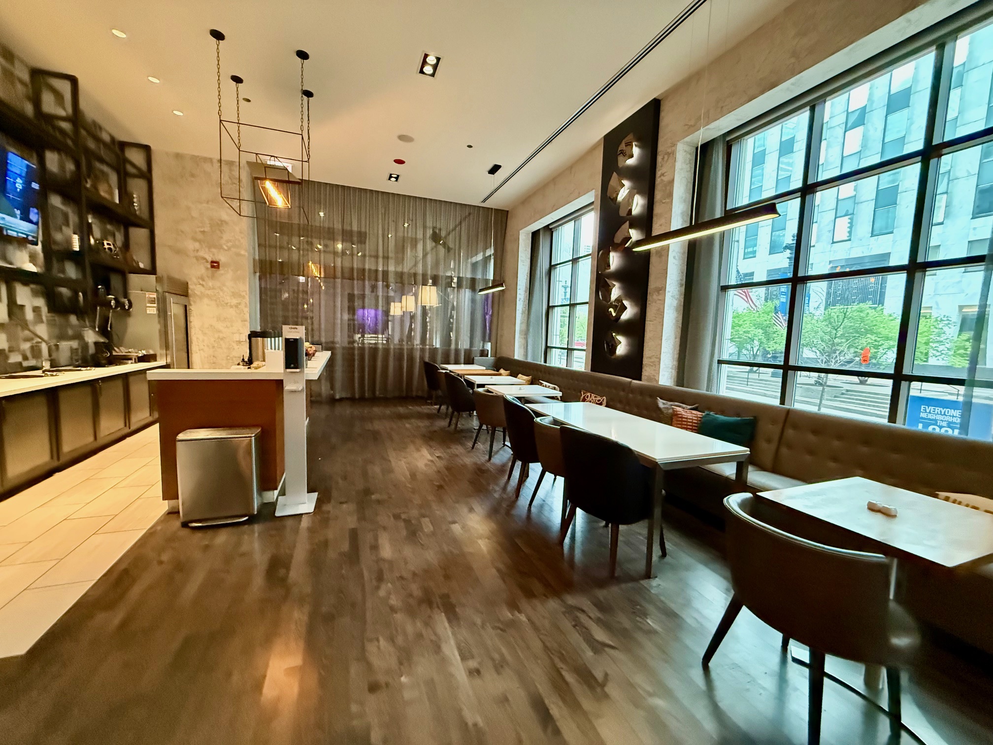 a room with tables and chairs