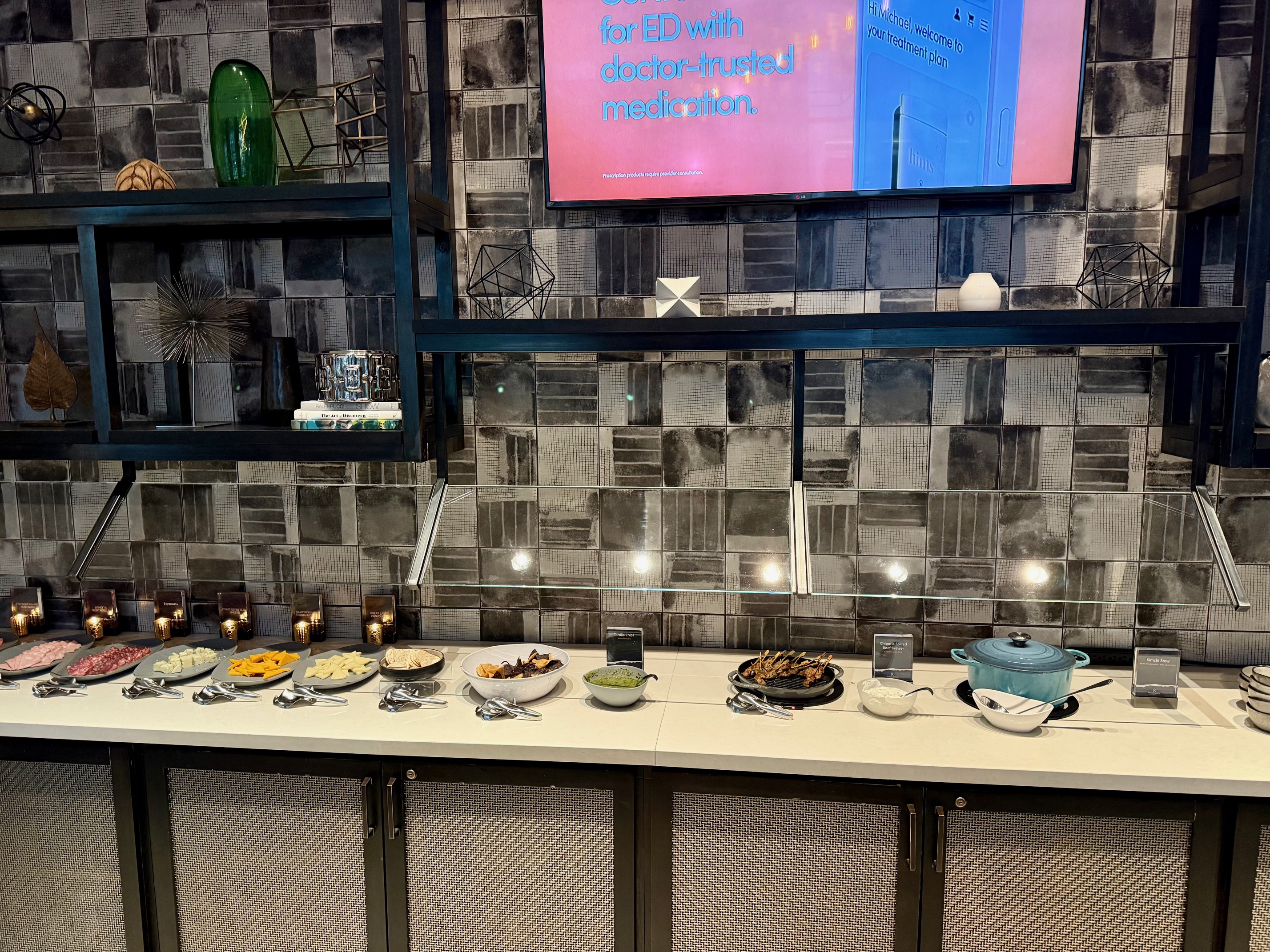 a buffet table with food on it