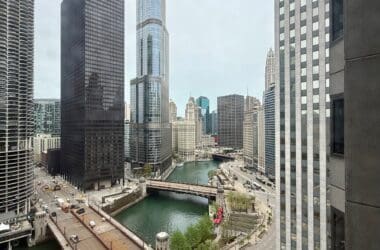 a city with a river and a bridge