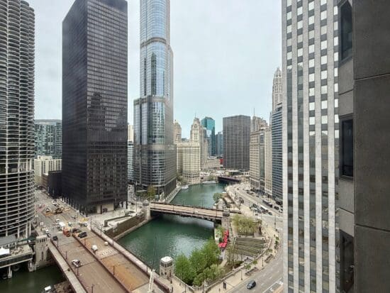 a city with a river and a bridge