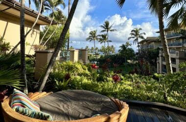 a chair on a deck with palm trees and a blue sky at the Ritz Carlton Maui