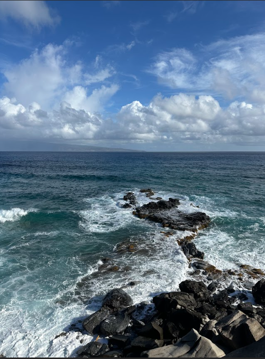 a rocky shore with waves crashing on it