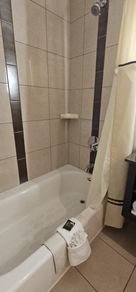a bathtub with a shower curtain