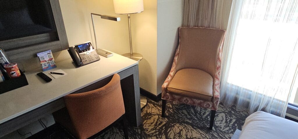 a desk and chair in a room