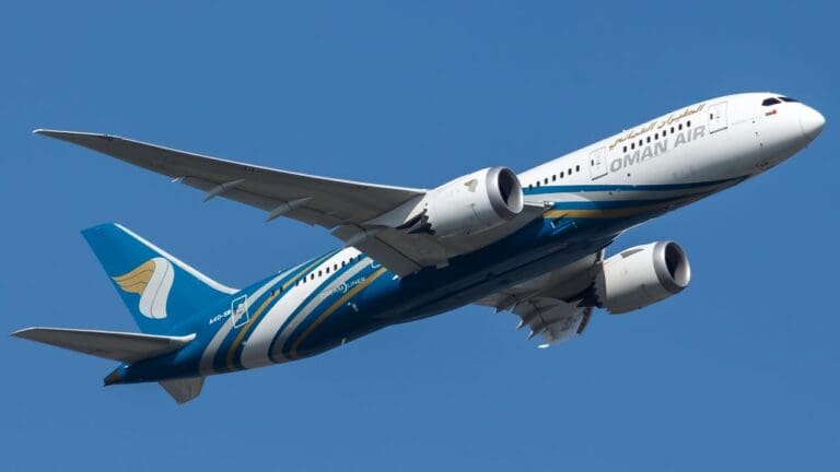 a blue and white airplane in the sky