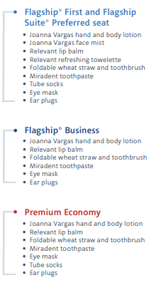 Amenity Kit Contents by Cabin Class