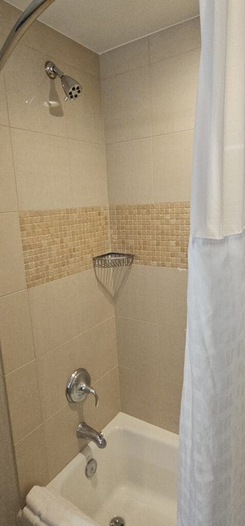 a shower with a shower curtain and a rack