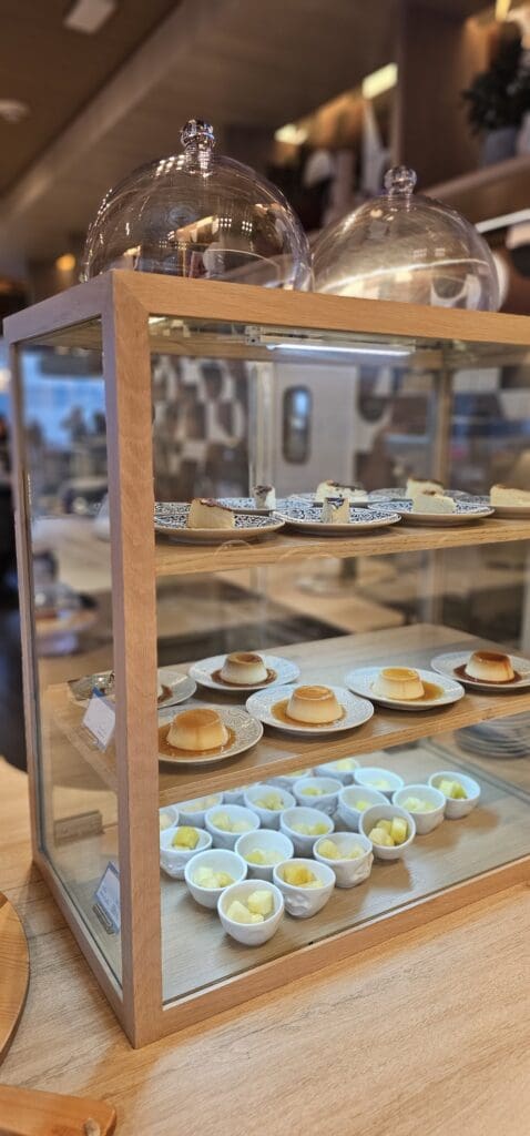 a display case with plates of desserts