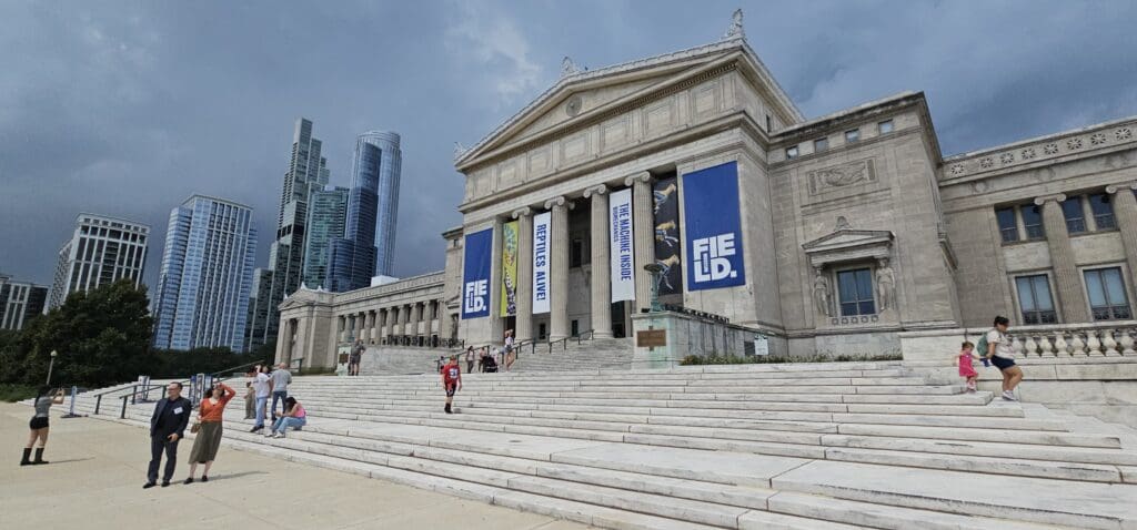 a stone building with many banners on the front with Field Museum of Natural History in the background