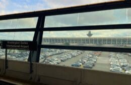 a view of a parking lot from a window