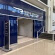 a blue sign in a building