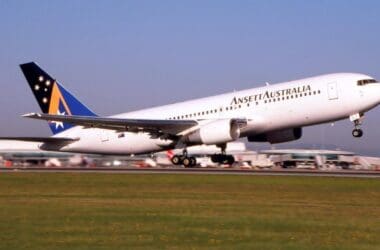 an airplane taking off from a runway