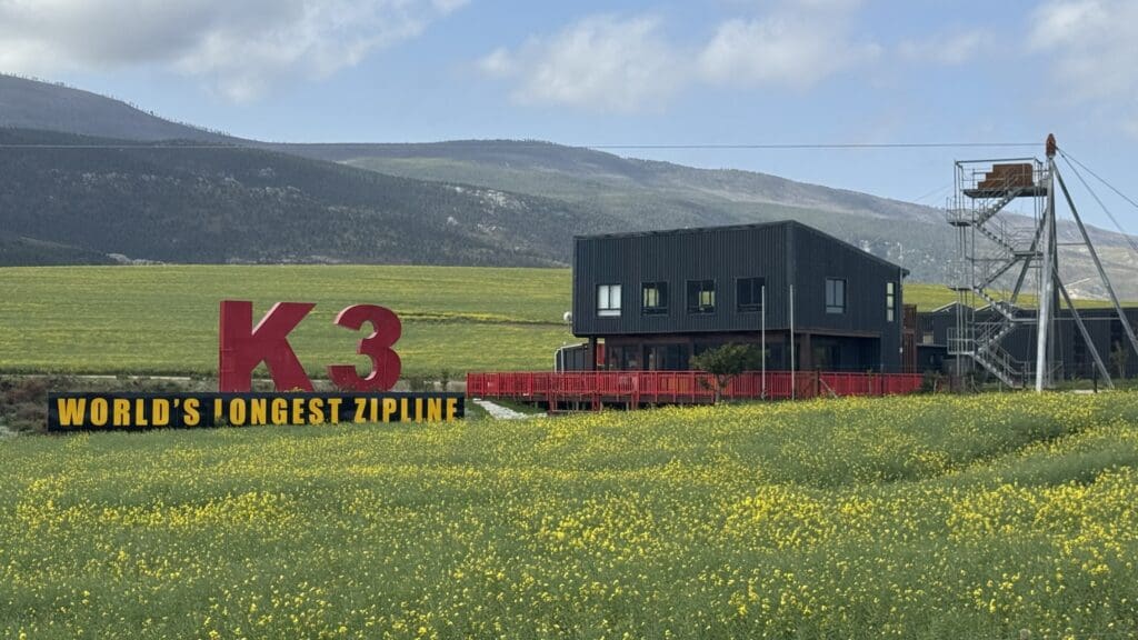 a building in a field of yellow flowers