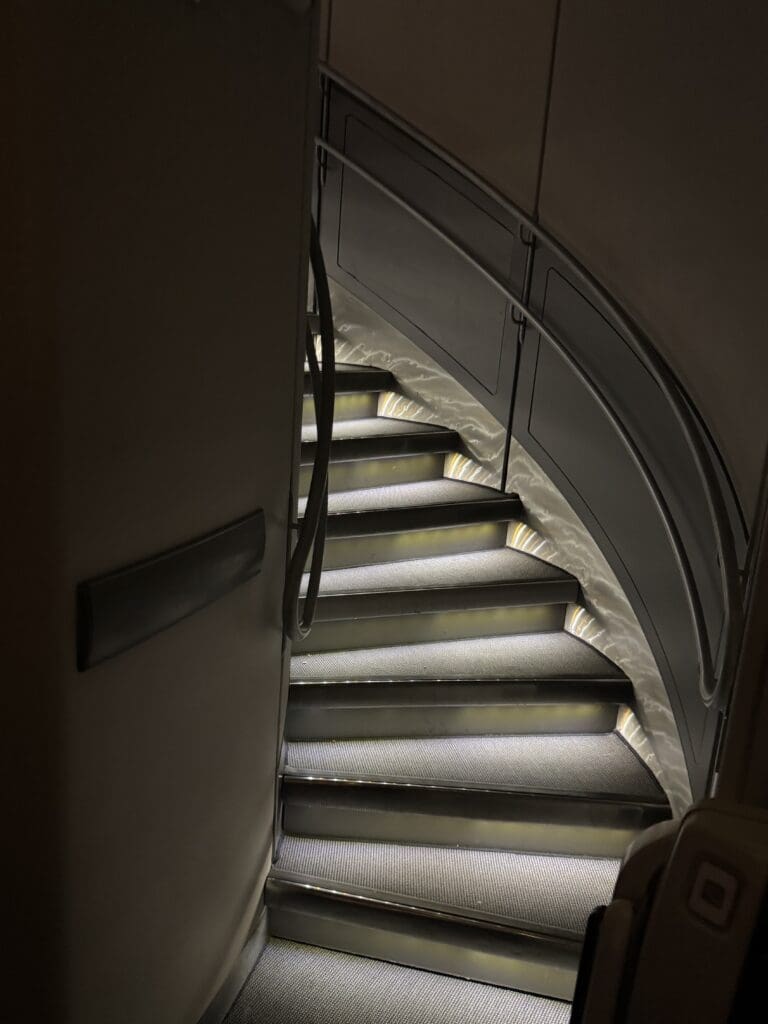 a staircase with lights on