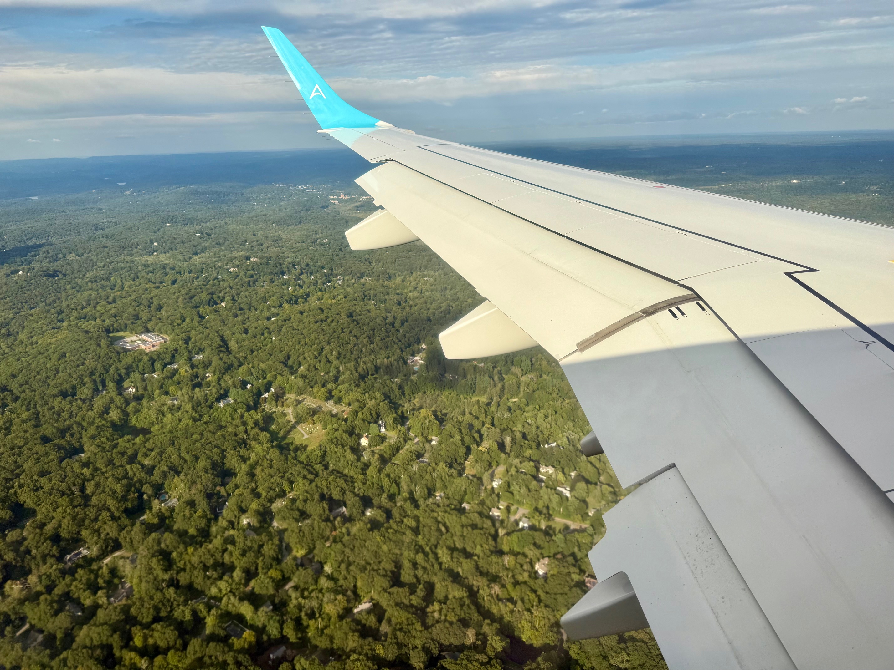 an airplane wing above a forest