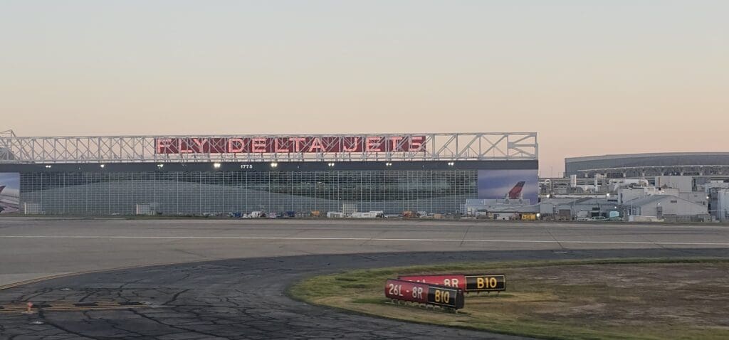 a large building with a sign on it