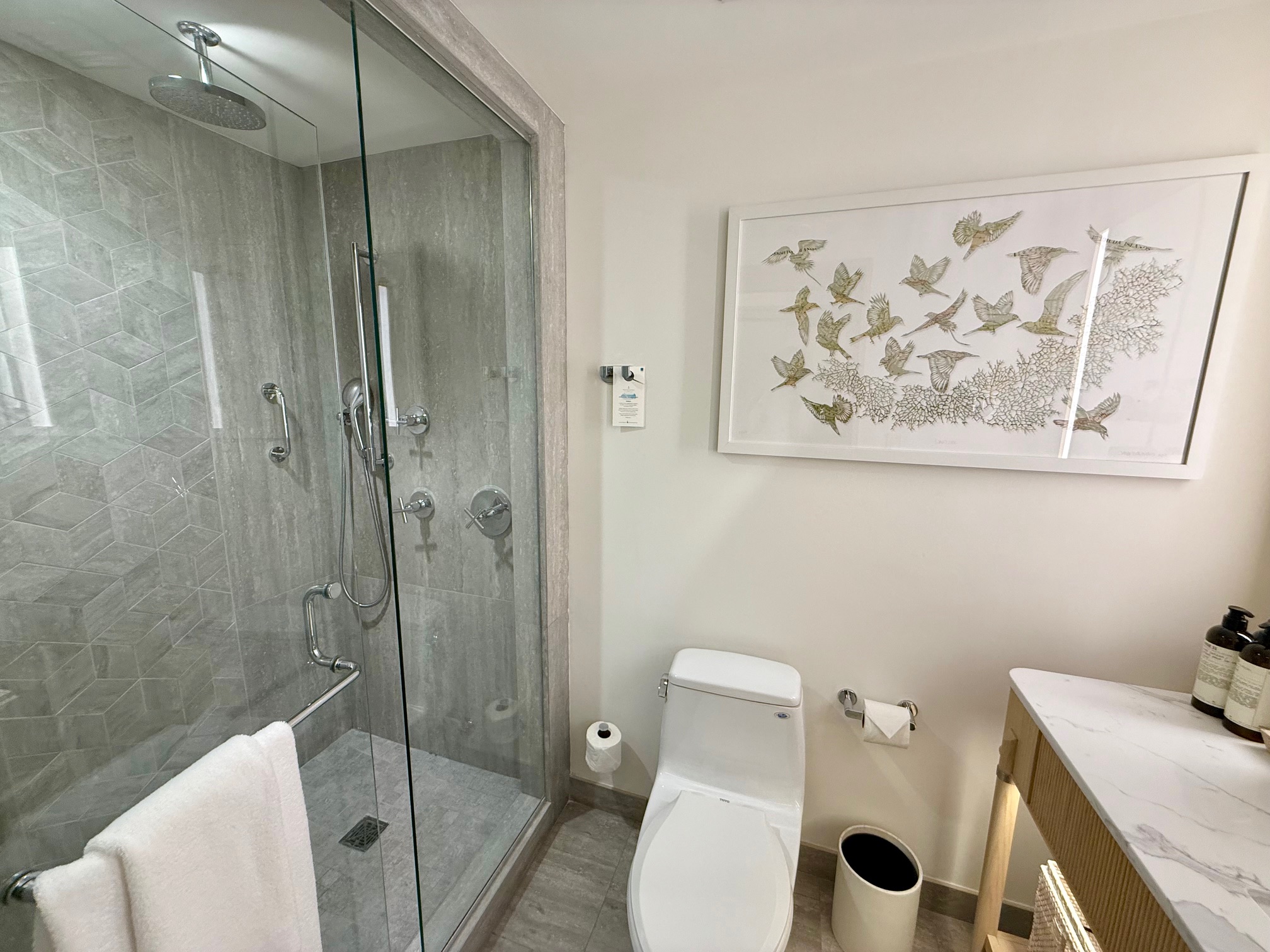 a bathroom with a glass shower and toilet