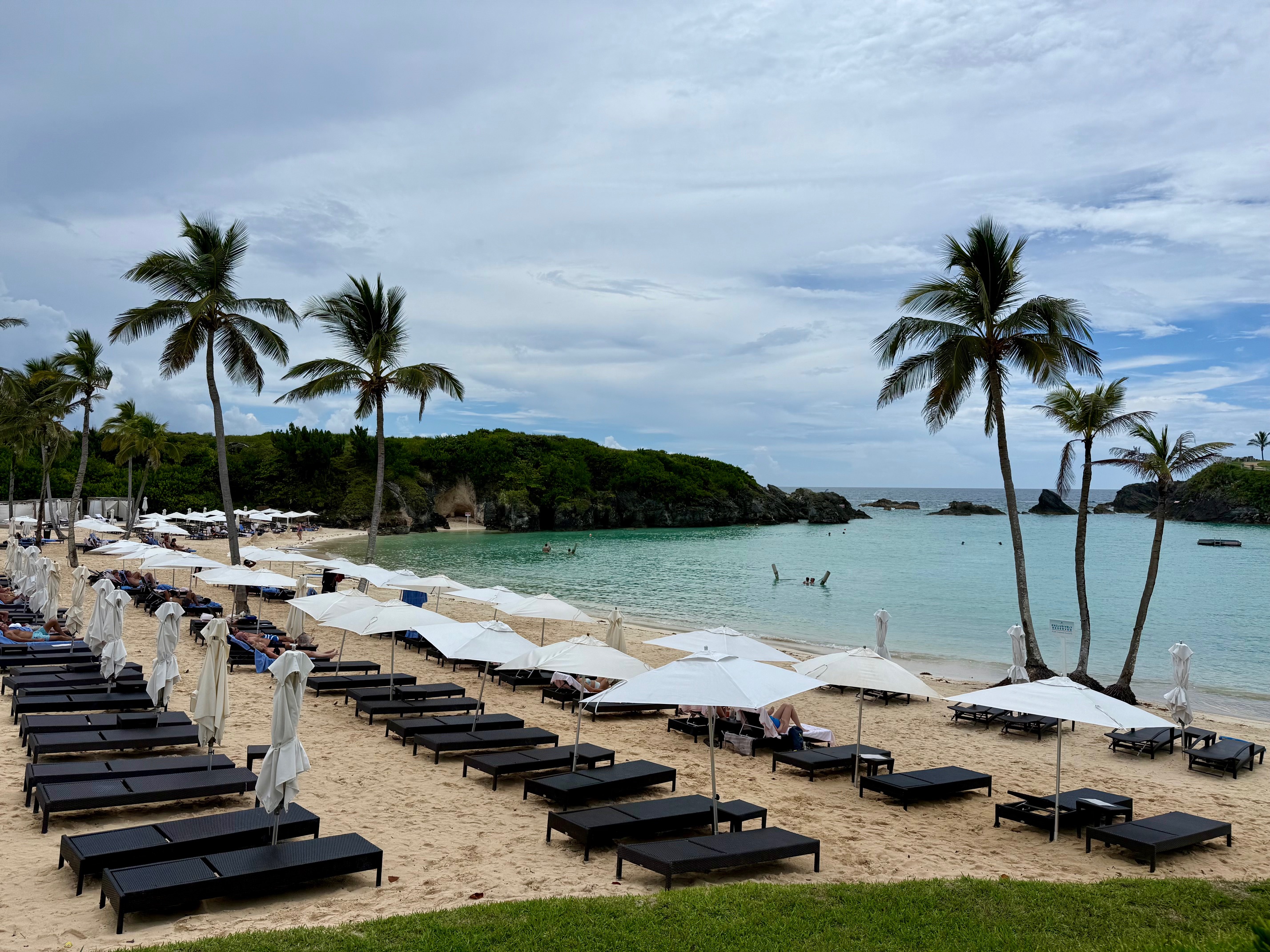 a beach with chairs and umbrellas and palm trees at the Fairmont Hamilton Princess