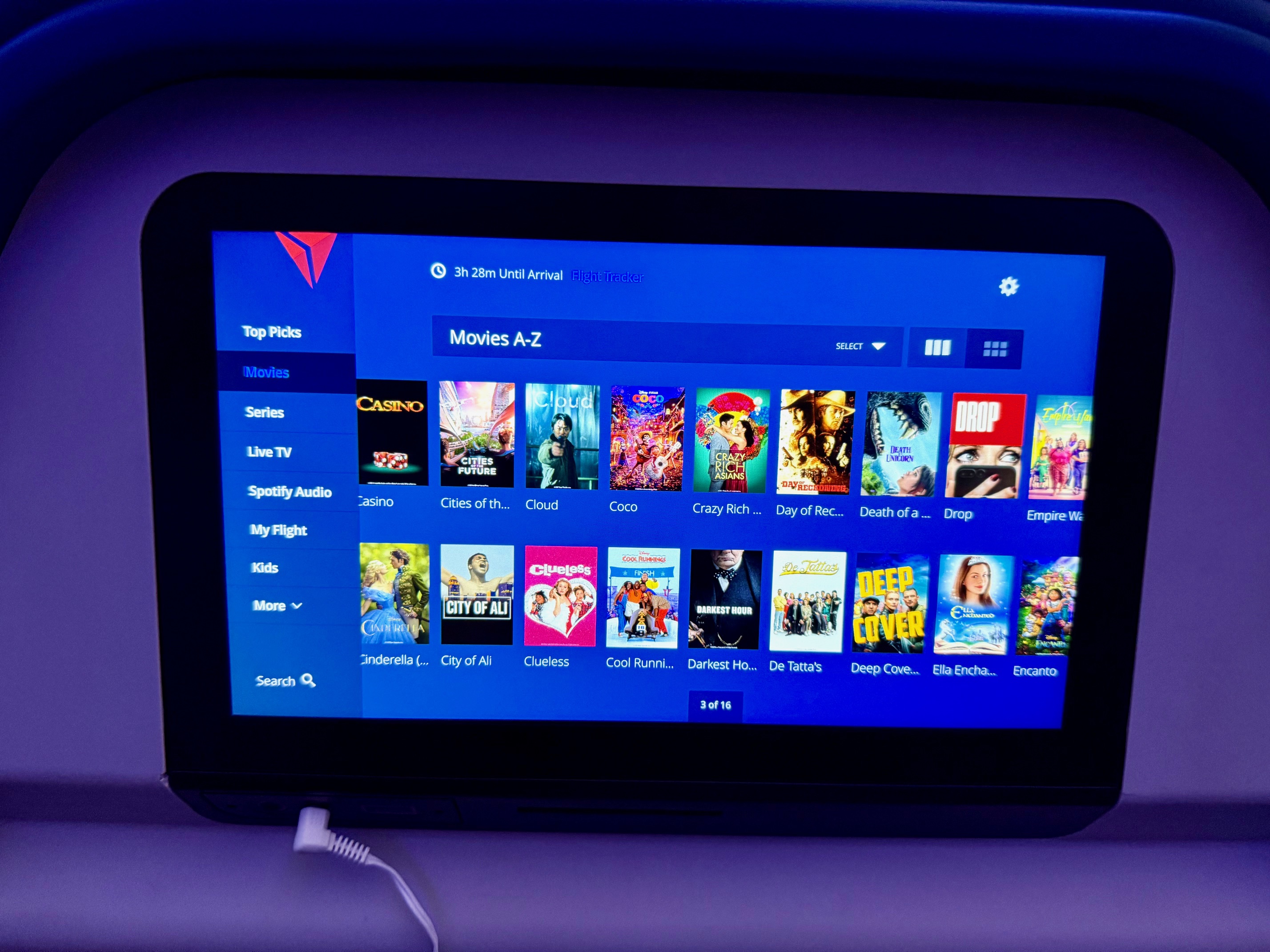 a screen with a blue screen on Delta Main Cabin 767-300