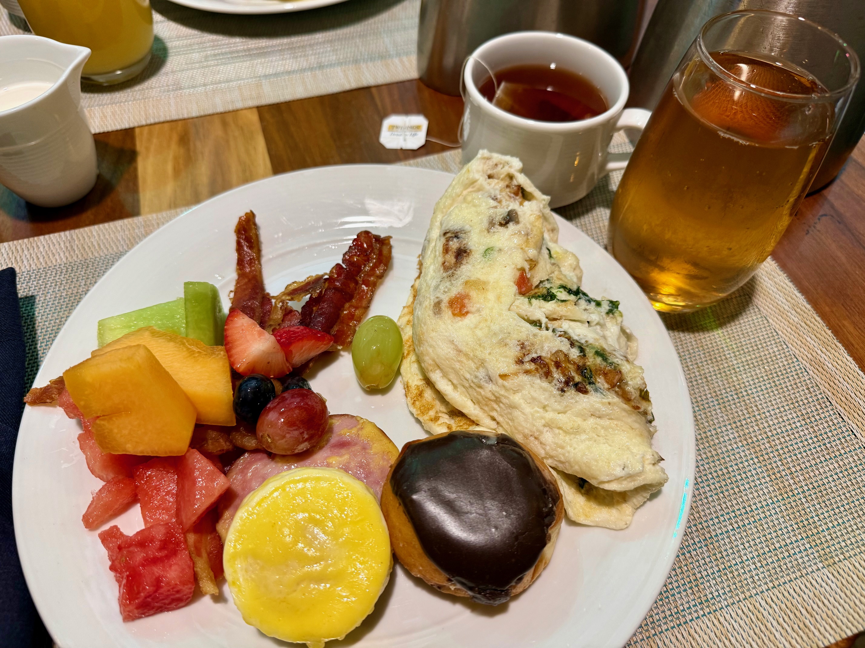 a plate of food and drinks