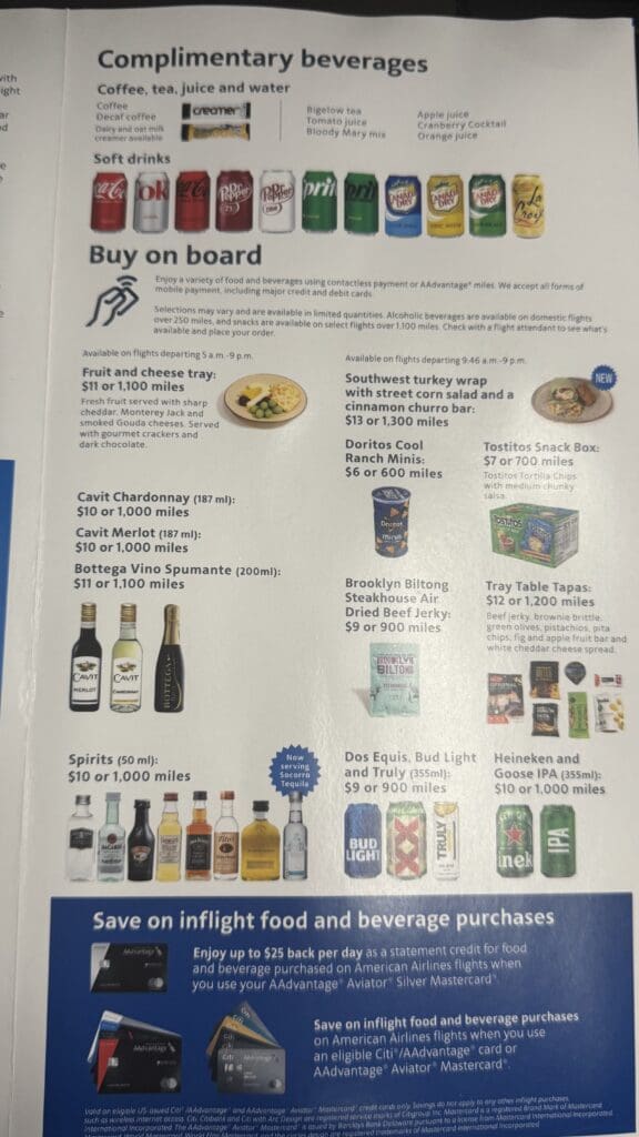 a menu with a variety of products