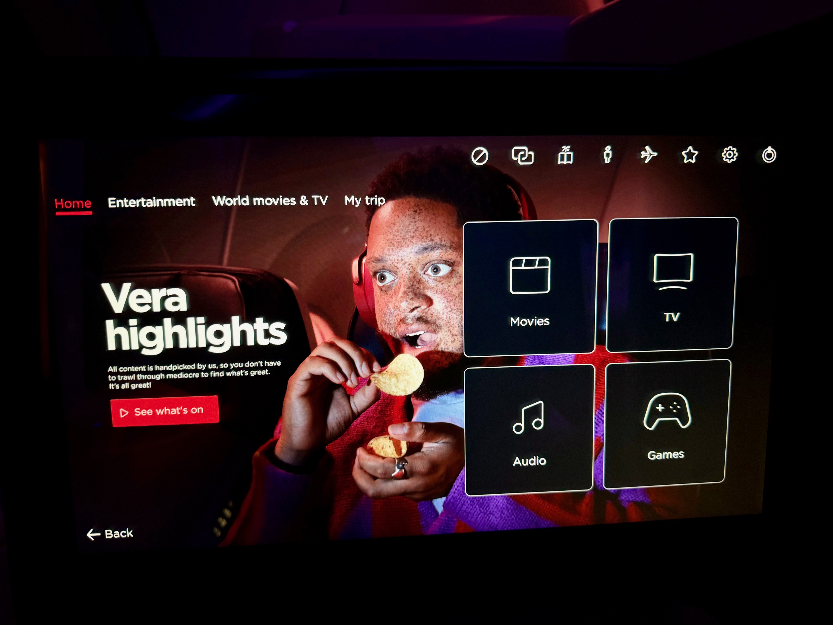 a screenshot of a television on the Virgin Atlantic Upper Class A350