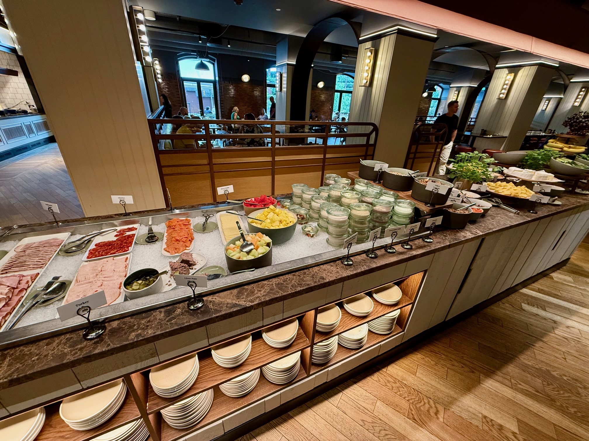 a buffet with food on it