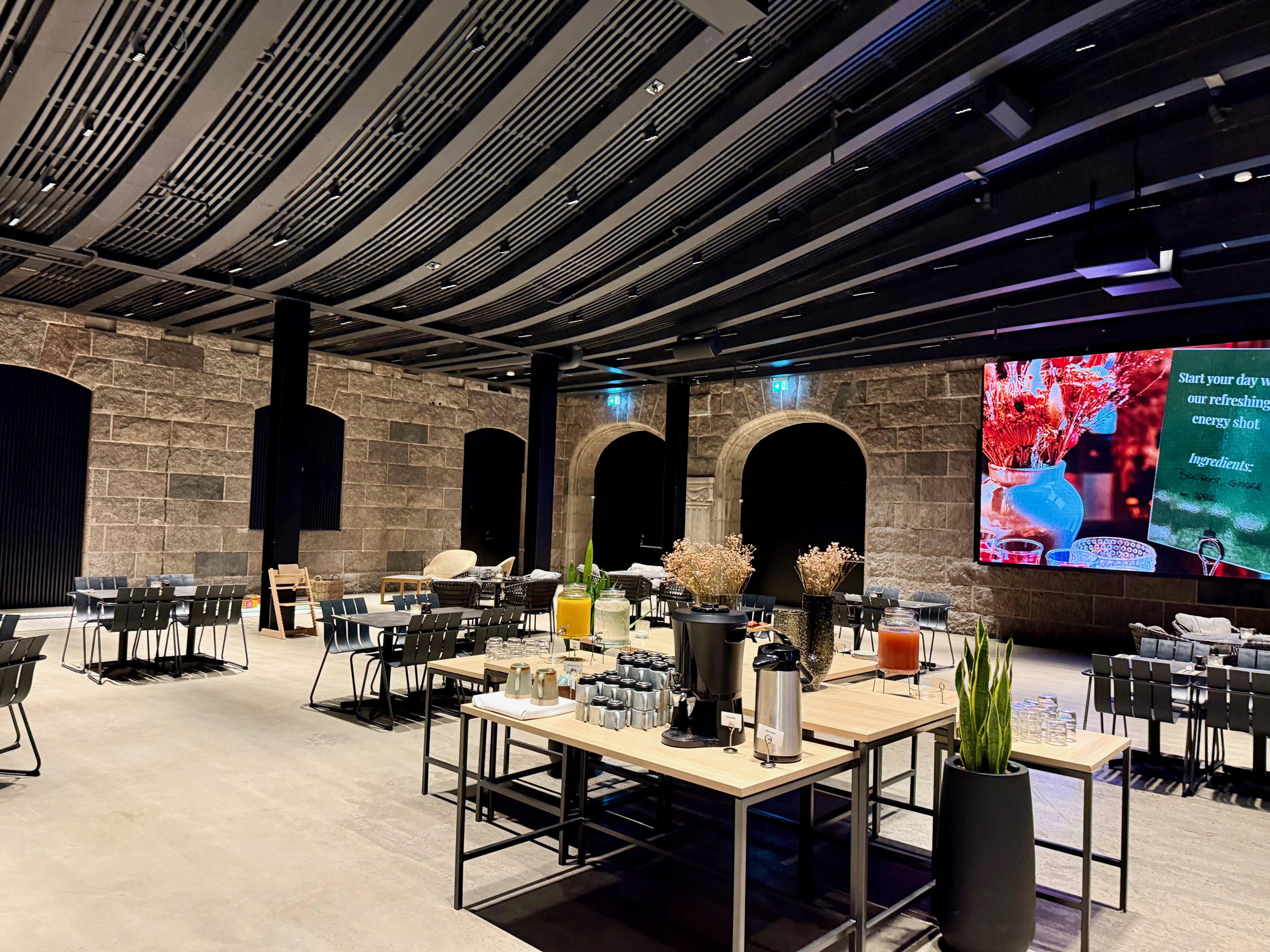 a room with tables and chairs