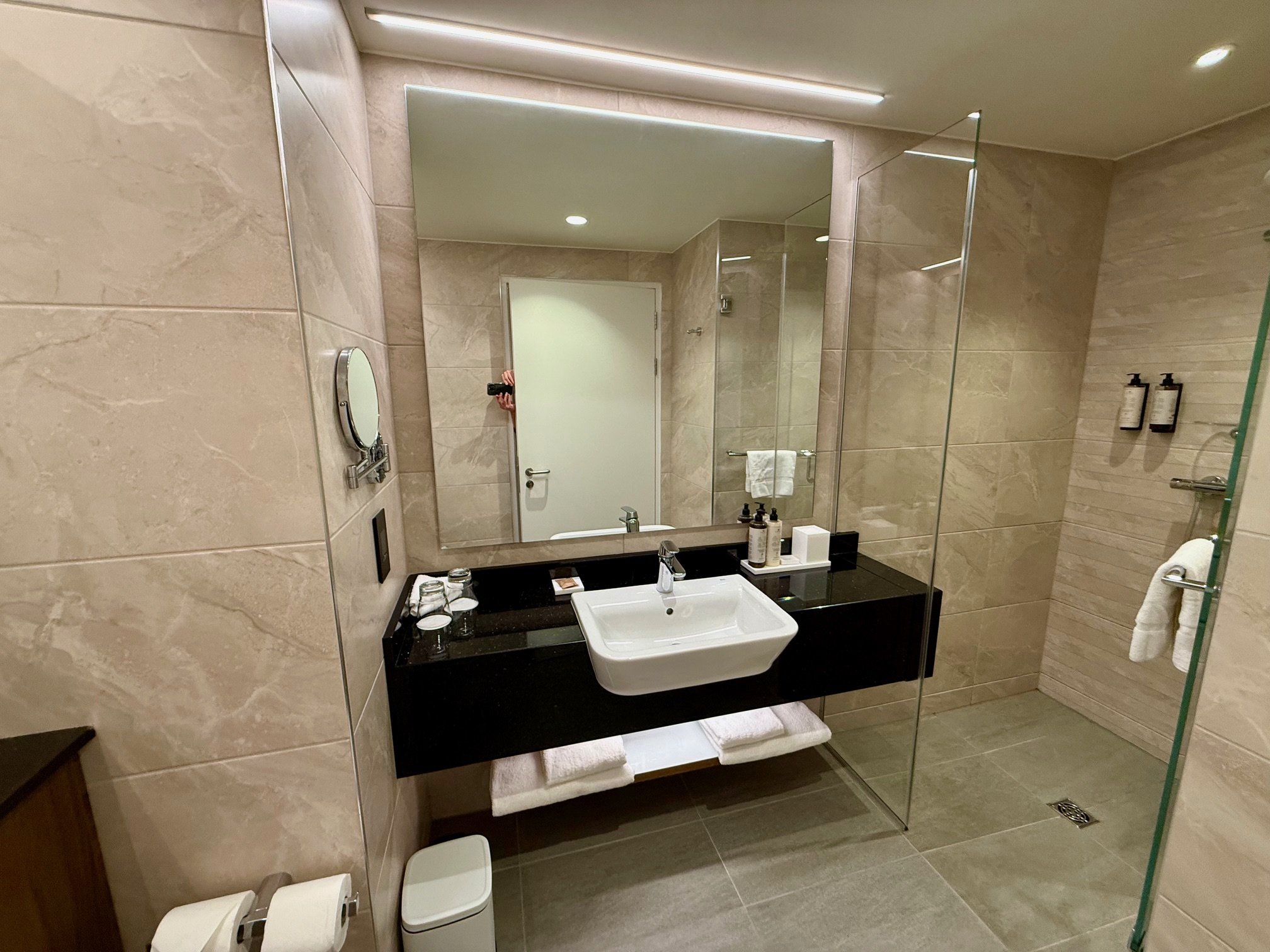 a bathroom with a glass shower and sink at the Hyatt Centric The Liberties Dublin