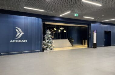 a large blue building with a christmas tree