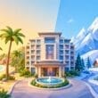 A graphic showing a hotel at center with a warm beach at left and a cold snowing mountain on the right. Graphic designed to represent the posts content covering the purchase of hotel points.