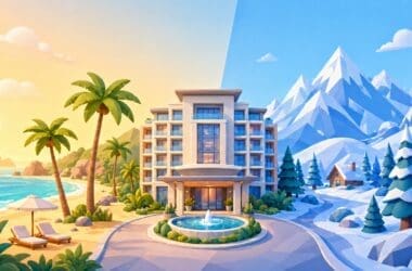 A graphic showing a hotel at center with a warm beach at left and a cold snowing mountain on the right. Graphic designed to represent the posts content covering the purchase of hotel points.