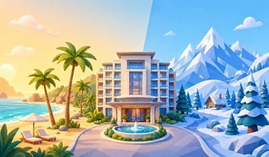 A graphic showing a hotel at center with a warm beach at left and a cold snowing mountain on the right. Graphic designed to represent the posts content covering the purchase of hotel points.
