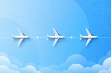 A graphic on a blue gradient background showing airplanes in flight introducing the post content on buying airline miles or points