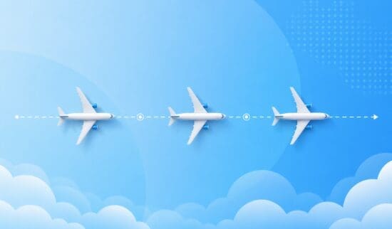 A graphic on a blue gradient background showing airplanes in flight introducing the post content on buying airline miles or points