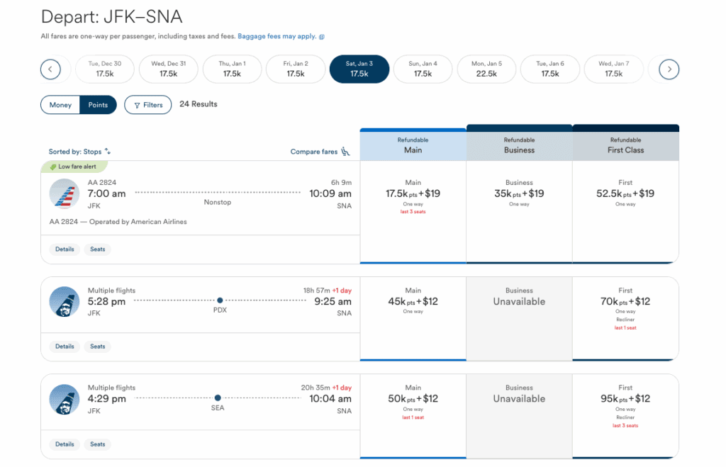 A screenshot of Alaska Airlines Atmos award rates on American Airlines and Alaska Airlines flights