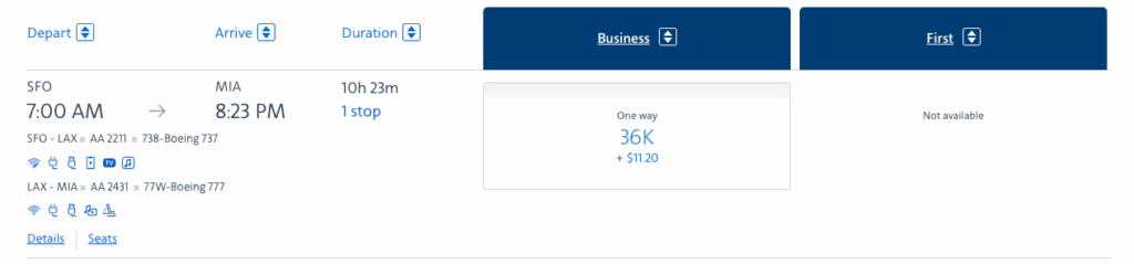 A screenshot of an AAdvantage award redemption from San Francisco to Miami via Los Angeles